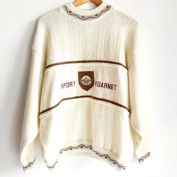 Vintage Vaurnet Paris White Kit Brown Suede Detail Pullover M - Picture 1 of 10